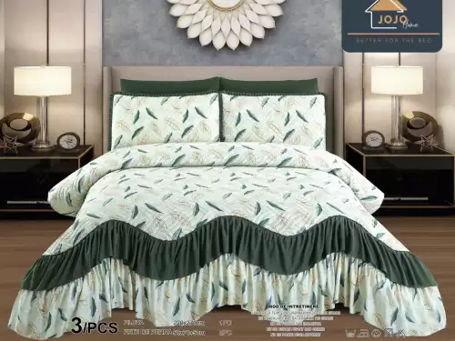 Cuvertura pat dublu, 3 piese, Bumbac Finet, 220x270cm, cu volanase, Jojo Home, Verde, frunze
