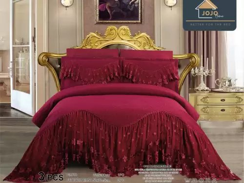 Cuvertura pat dublu, 3 piese, Bumbac Finet, 220x280cm, cu volanase si broderie, Jojo Home, Grena