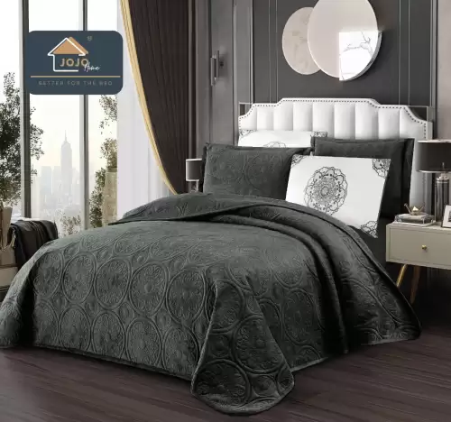 Cuvertura pat dublu, 5 piese, Finet Premium Matlasat, 220x240cm, Jojo Home, Gri Inchis