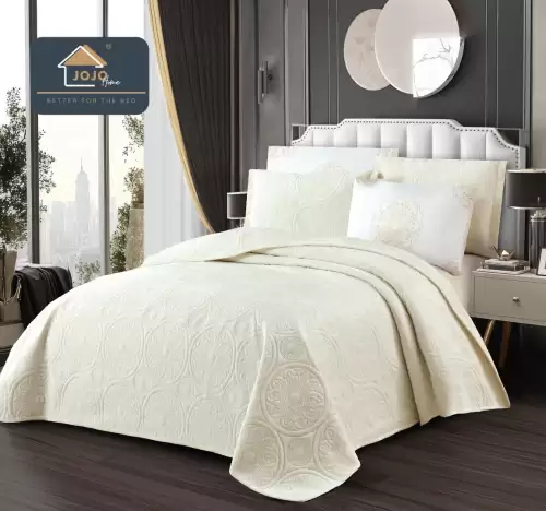 Cuvertura pat dublu, 5 piese, Finet Premium Matlasat, 220x240cm, Jojo Home, Ivoire