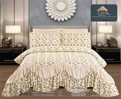 Cuvertura Pat Dublu Bumbac Finet 3 Piese Cu Volanase - Crem