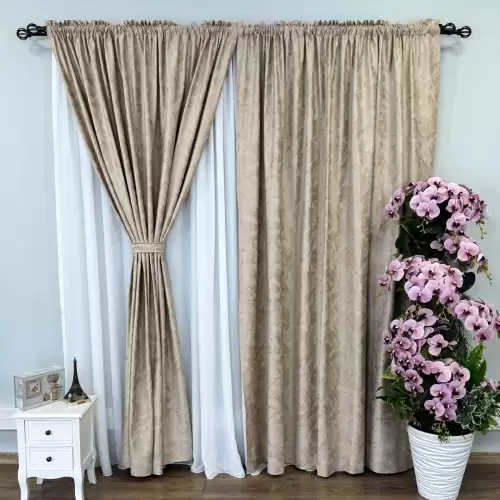 Draperie Catifea MYKONOS cu valuri rafinate aurii, 140cm latime x 260cm inaltime, cu TIV LAT, Bej - V3