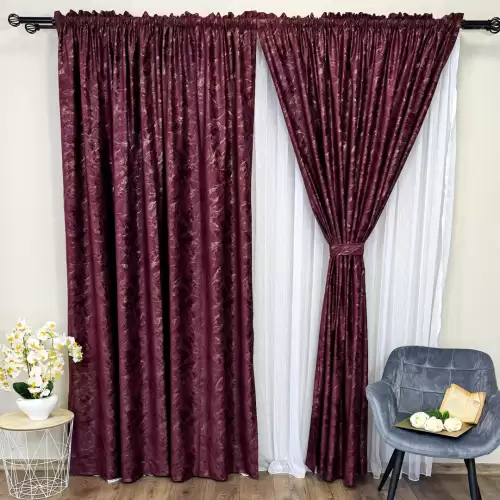 Draperie Catifea MYKONOS cu valuri rafinate aurii, 140cm latime x 260cm inaltime, cu TIV LAT, Grena - V10