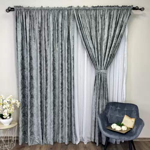 Draperie Catifea MYKONOS cu valuri rafinate aurii, Gri mediu - V4, 140cm latime x 260cm inaltime, cu tiv lat pt bara