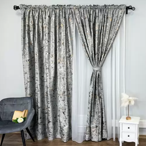Draperie Catifea Nikko cu insertii aurii, 140cm latime x 260cm inaltime, cu TIV LAT, Gri mediu - V24