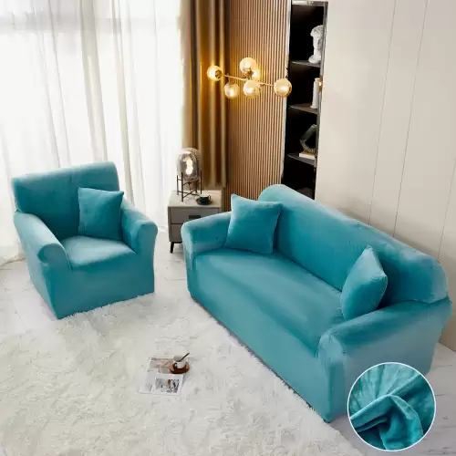Husa Elastica, 130cm-180cm, pentru Canapea 2 Locuri - M - Jojo Home, Catifea, Bleu intens