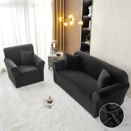 Husa Elastica, 180cm-230cm, pentru Canapea 3 Locuri - L - Jojo Home, Catifea, Negru