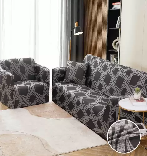 Husa Elastica Pentru Canapea 2 Locuri - M - Jojo Home, Gri, forme geometrice
