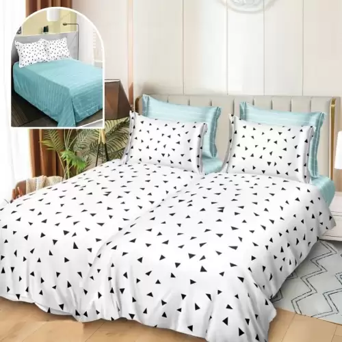 Lenjerie de Pat, 7 Piese, Bumbac Satinat Superior, cu 2 Pilote, Alb, Bleu, Triunghiuri