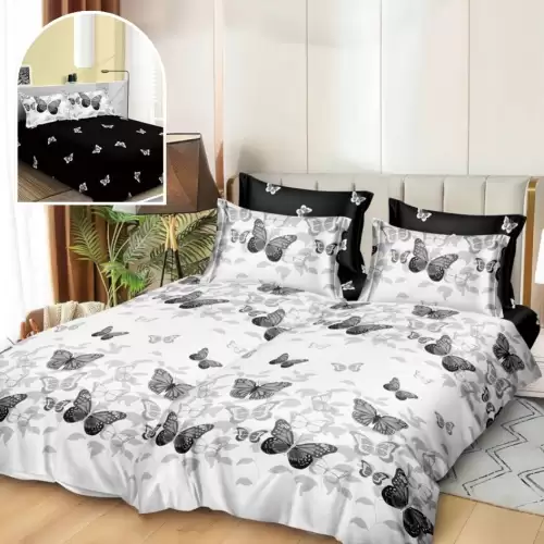 Lenjerie de Pat, 7 Piese, Bumbac Satinat Superior, cu 2 Pilote, Alb, Negru, Fluturi