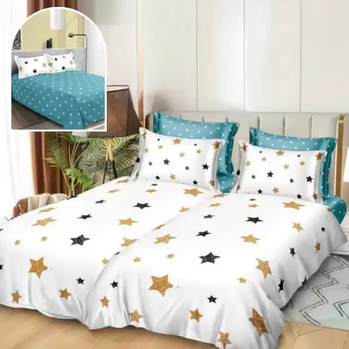 Lenjerie de Pat, 7 Piese, Bumbac Satinat Superior, cu 2 Pilote, Alb, Verde, Stelute