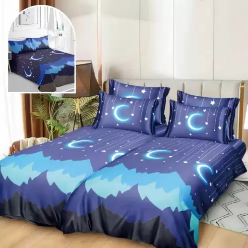 Lenjerie de Pat, 7 Piese, Bumbac Satinat Superior, cu 2 Pilote, Albastru, Munti, Luna si Stele