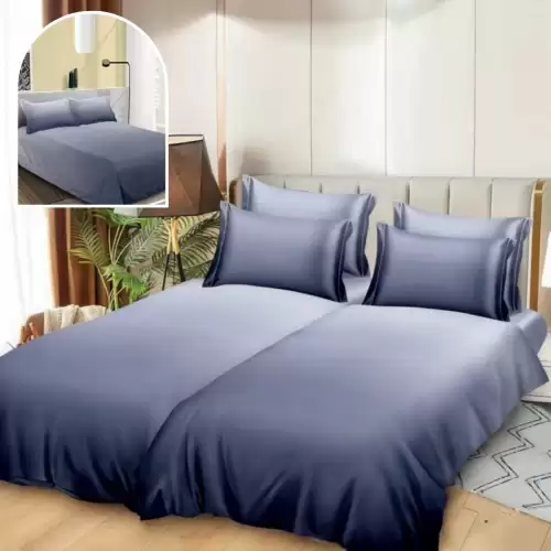 Lenjerie de Pat, 7 Piese, Bumbac Satinat Superior, cu 2 Pilote, Bleumarin, Degrade