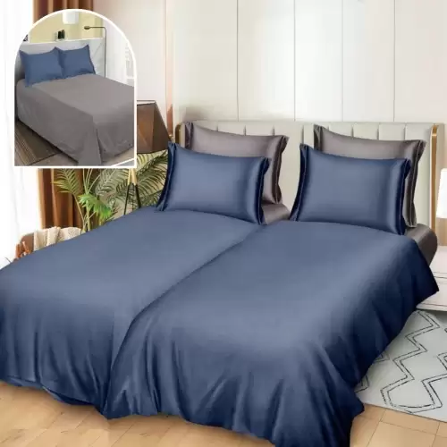 Lenjerie de Pat, 7 Piese, Bumbac Satinat Superior, cu 2 Pilote, Bleumarin, Gri, Uni