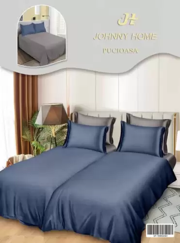 Lenjerie de Pat, 7 Piese, Bumbac Satinat Superior, cu 2 Pilote - Bleumarin
