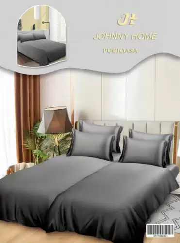 Lenjerie de Pat, 7 Piese, Bumbac Satinat Superior, cu 2 Pilote - Gri Degrade