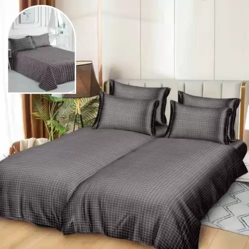 Lenjerie de Pat, 7 Piese, Bumbac Satinat Superior, cu 2 Pilote, Gri, Dungi