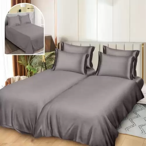 Lenjerie de Pat, 7 Piese, Bumbac Satinat Superior, cu 2 Pilote, Gri, Uni