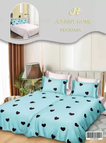 Lenjerie de Pat, 7 Piese, Bumbac Satinat Superior, cu 2 Pilote - Inimioare