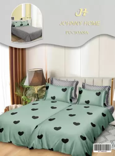 Lenjerie de Pat, 7 Piese, Bumbac Satinat Superior, cu 2 Pilote - Inimioare