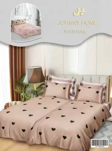 Lenjerie de Pat, 7 Piese, Bumbac Satinat Superior, cu 2 Pilote - Inimioare