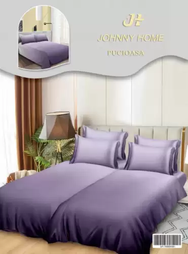 Lenjerie de Pat, 7 Piese, Bumbac Satinat Superior, cu 2 Pilote - Mov Degrade