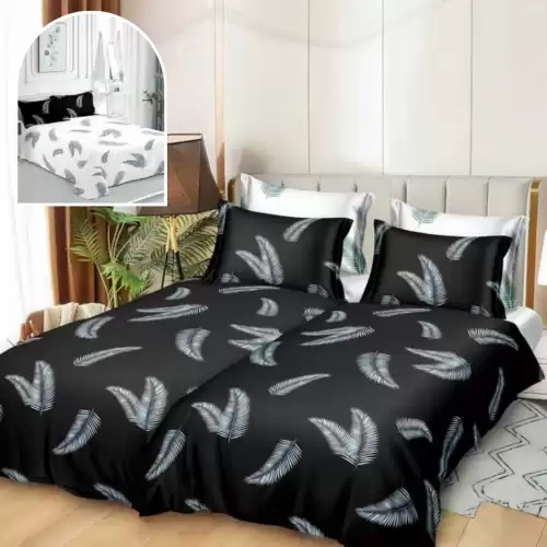 Lenjerie de Pat, 7 Piese, Bumbac Satinat Superior, cu 2 Pilote, Negru, Frunze