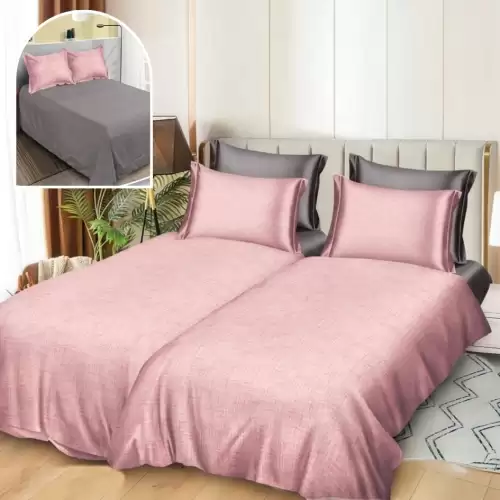 Lenjerie de Pat, 7 Piese, Bumbac Satinat Superior, cu 2 Pilote, Roz, Gri, Uni