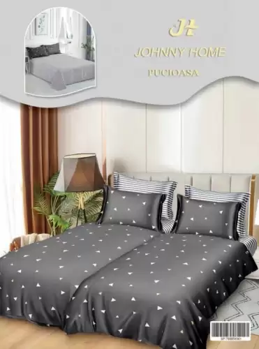 Lenjerie de Pat, 7 Piese, Bumbac Satinat Superior, cu 2 Pilote - Triunghiuri