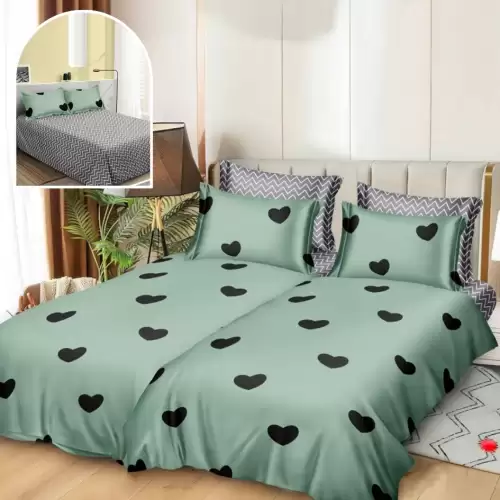 Lenjerie de Pat, 7 Piese, Bumbac Satinat Superior, cu 2 Pilote, Verde, Inimioare