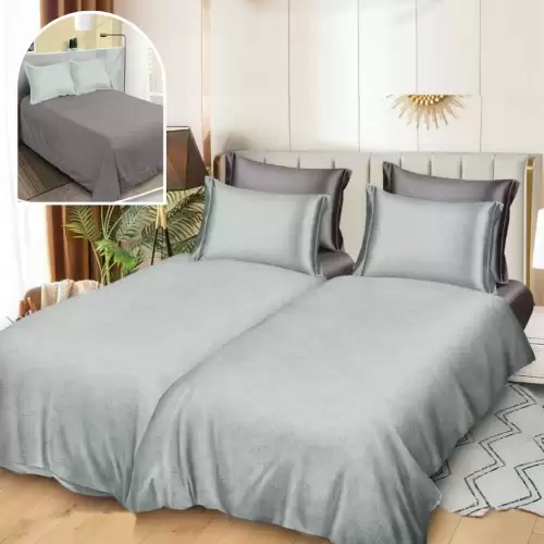 Lenjerie de Pat, 7 Piese, Bumbac Satinat Superior, cu 2 Pilote, Verzui, Gri, Uni