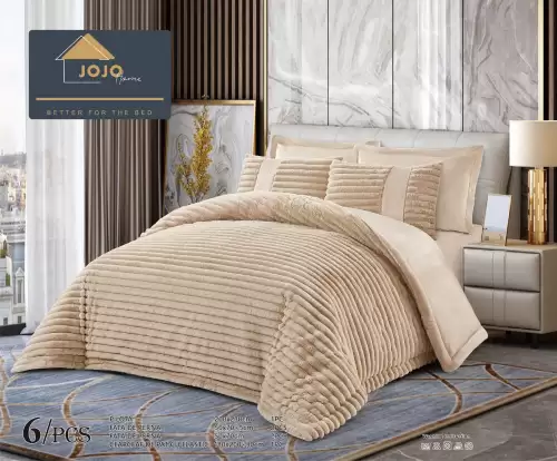 Lenjerie de pat cu Pilota Inclusa, Jojo Home, Cearceaf cu Elastic, 6 Piese, Blana de Iepure Artificiala, Bej