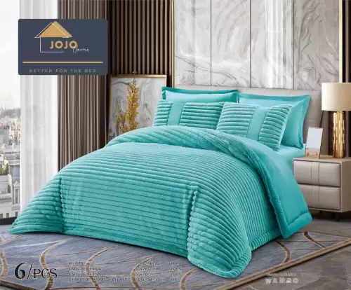 Lenjerie de pat cu Pilota Inclusa, Jojo Home, Cearceaf cu Elastic, 6 Piese, Blana de Iepure Artificiala, Bleu