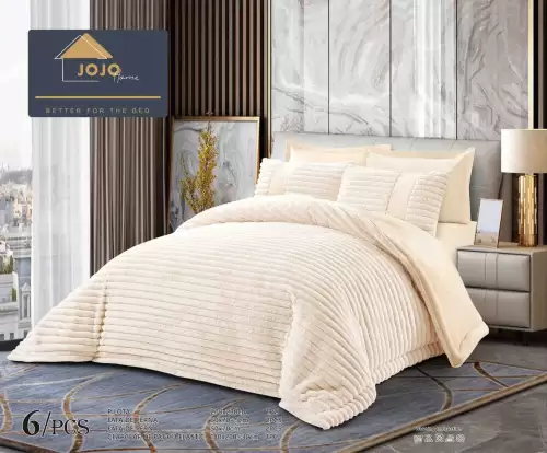 Lenjerie de pat cu Pilota Inclusa, Jojo Home, Cearceaf cu Elastic, 6 Piese, Blana de Iepure Artificiala, Crem