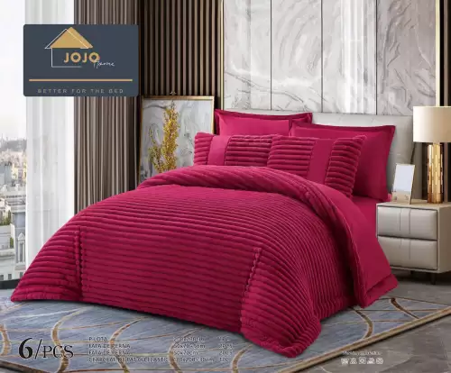 Lenjerie de pat cu Pilota Inclusa, Jojo Home, Cearceaf cu Elastic, 6 Piese, Blana de Iepure Artificiala, Rosu