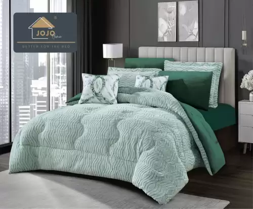 Lenjerie de pat cu Pilota Inclusa, Jojo Home, Cearceaf cu Elastic, 6 Piese, Blana de Iepure Artificiala si Catifea, Alb cu Verde