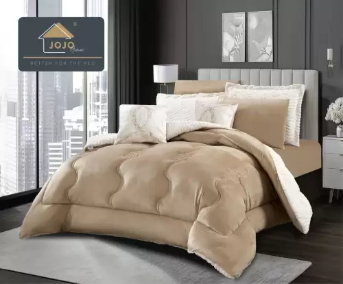 Lenjerie de pat cu Pilota Inclusa, Jojo Home, Cearceaf cu Elastic, 6 Piese, Blana de Iepure Artificiala si Catifea, Cappuccino