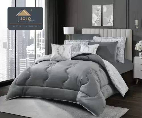 Lenjerie de pat cu Pilota Inclusa, Jojo Home, Cearceaf cu Elastic, 6 Piese, Blana de Iepure Artificiala si Catifea, Gri