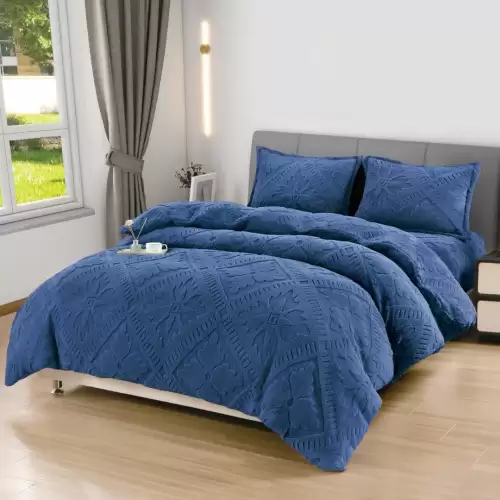 Lenjerie de Pat Dublu, CoCoLiNo Ultra Pufoasa, 4 piese, Cearsaf cu ELASTIC, Model Traditional 3D, Albastru