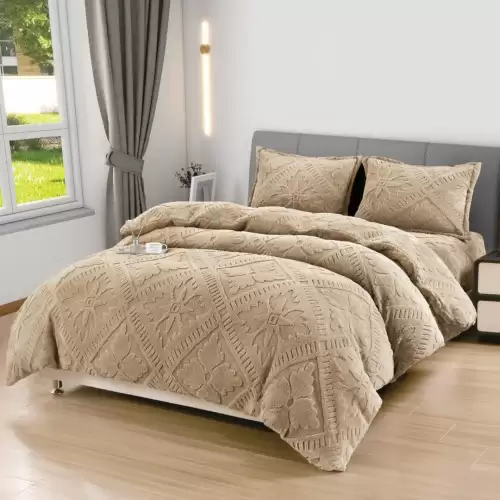 Lenjerie de Pat Dublu, CoCoLiNo Ultra Pufoasa, 4 piese, Cearsaf cu ELASTIC, Model Traditional 3D, Bej