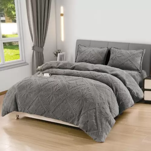 Lenjerie de Pat Dublu, CoCoLiNo Ultra Pufoasa, 4 piese, Cearsaf cu ELASTIC, Model Traditional 3D, Gri inchis