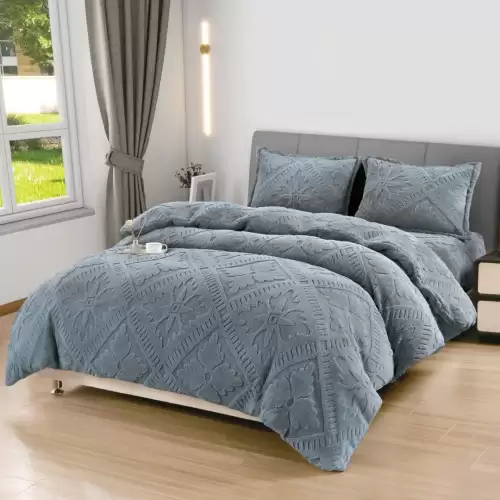 Lenjerie de Pat Dublu, CoCoLiNo Ultra Pufoasa, 4 piese, Cearsaf cu ELASTIC, Model Traditional 3D, Gri mediu