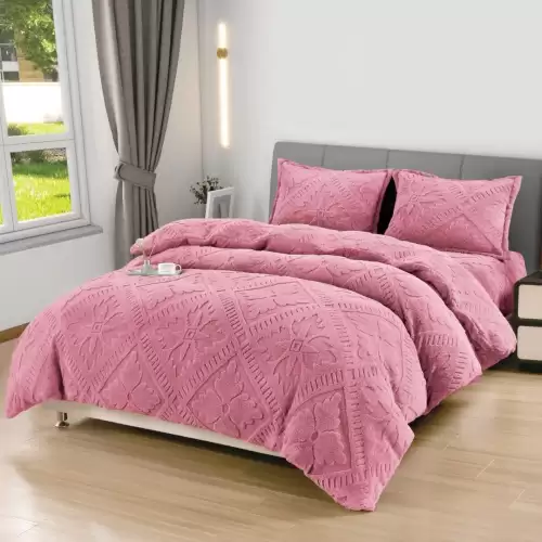 Lenjerie de Pat Dublu, CoCoLiNo Ultra Pufoasa, 4 piese, Cearsaf cu ELASTIC, Model Traditional 3D, Roz