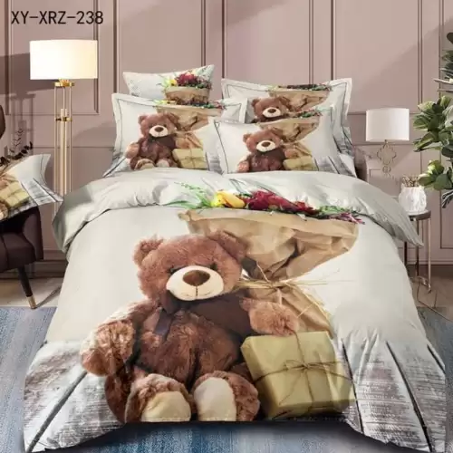 Lenjerie de Pat Dublu,  Finet, 6 piese, Imprimeu 3D Digital Realist, Exact ca in Poza – Culori Durabile, Vopsea Skin-Friendly si intretinere Usoara, Alb, Gri, Maro, ursuleti