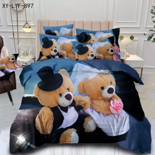 Lenjerie de Pat Dublu,  Finet, 6 piese, Imprimeu 3D Digital Realist, Exact ca in Poza – Culori Durabile, Vopsea Skin-Friendly si intretinere Usoara, Bleumarin, ursuleti mire si mireasa