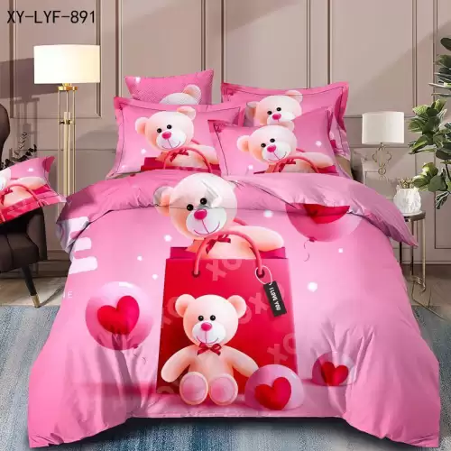 Lenjerie de Pat Dublu,  Finet, 6 piese, Imprimeu 3D Digital Realist, Exact ca in Poza – Culori Durabile, Vopsea Skin-Friendly si intretinere Usoara, Roz, ursuleti