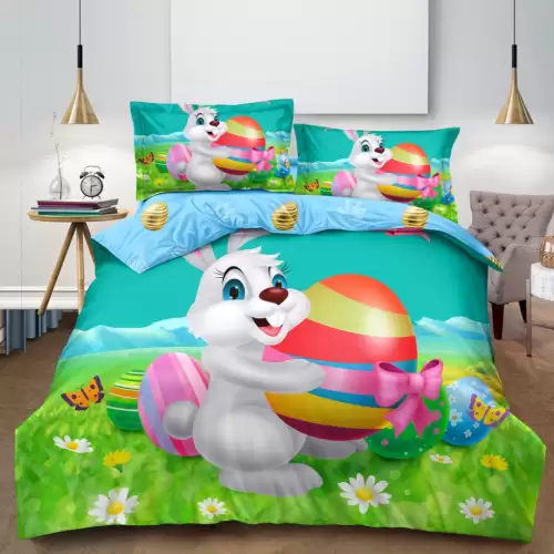 Lenjerie de Pat Dublu,  Finet, Imprimeu Digital, 4 Piese, Bleu, Verde, Iepuras cu Ou Incondeiat