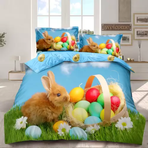 Lenjerie de Pat Dublu,  Finet, Imprimeu Digital, 4 Piese, Bleu, Verde, Iepurasul si Cosul cu Oua Colorate