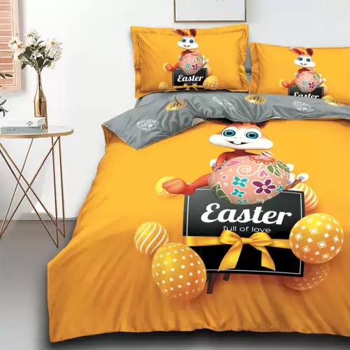Lenjerie de Pat Dublu,  Finet, Imprimeu Digital, 4 Piese, Galben, Iepuras, Happy Easter