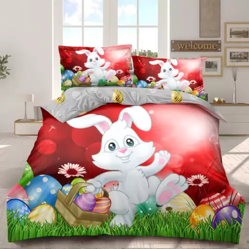 Lenjerie de Pat Dublu,  Finet, Imprimeu Digital, 4 Piese, Rosu, Gri, Iepuras, Oua Colorate